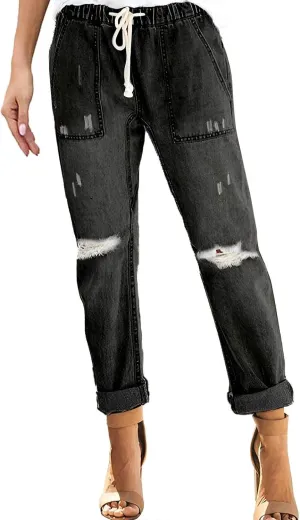 Women's Ripped Boyfriend Jeans Distressed Straight High-Rise Elastic Street Style Pants Loose Long Skinny Casual Strecthy