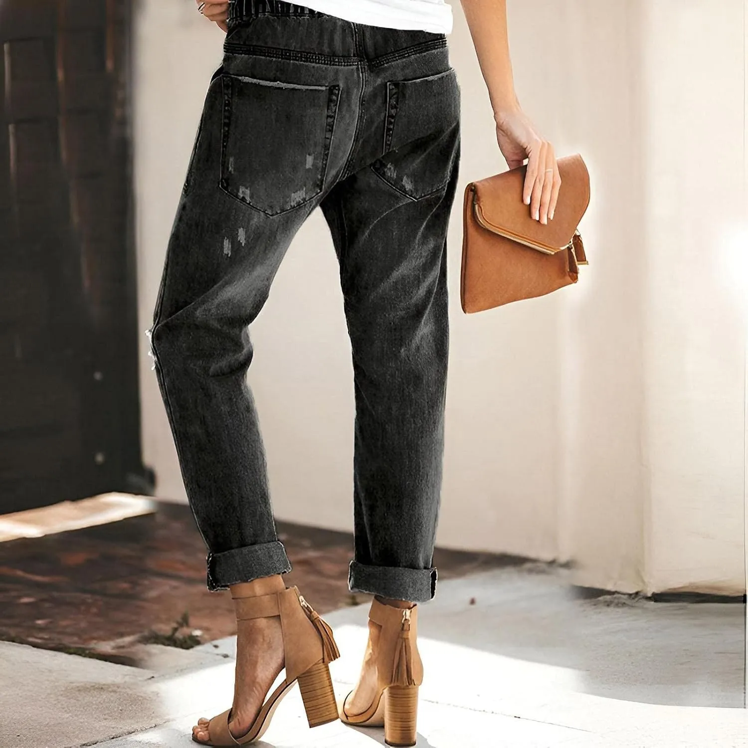 Women's Ripped Boyfriend Jeans Distressed Straight High-Rise Elastic Street Style Pants Loose Long Skinny Casual Strecthy