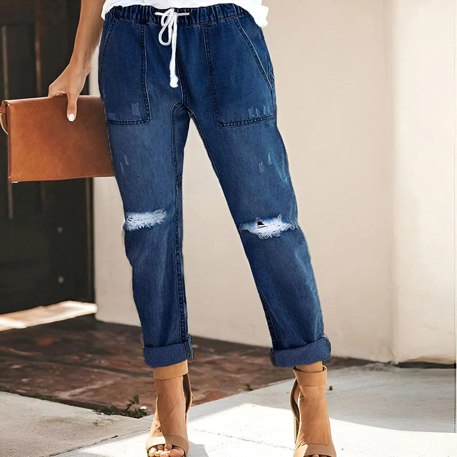 Women's Ripped Boyfriend Jeans Distressed Straight High-Rise Elastic Street Style Pants Loose Long Skinny Casual Strecthy