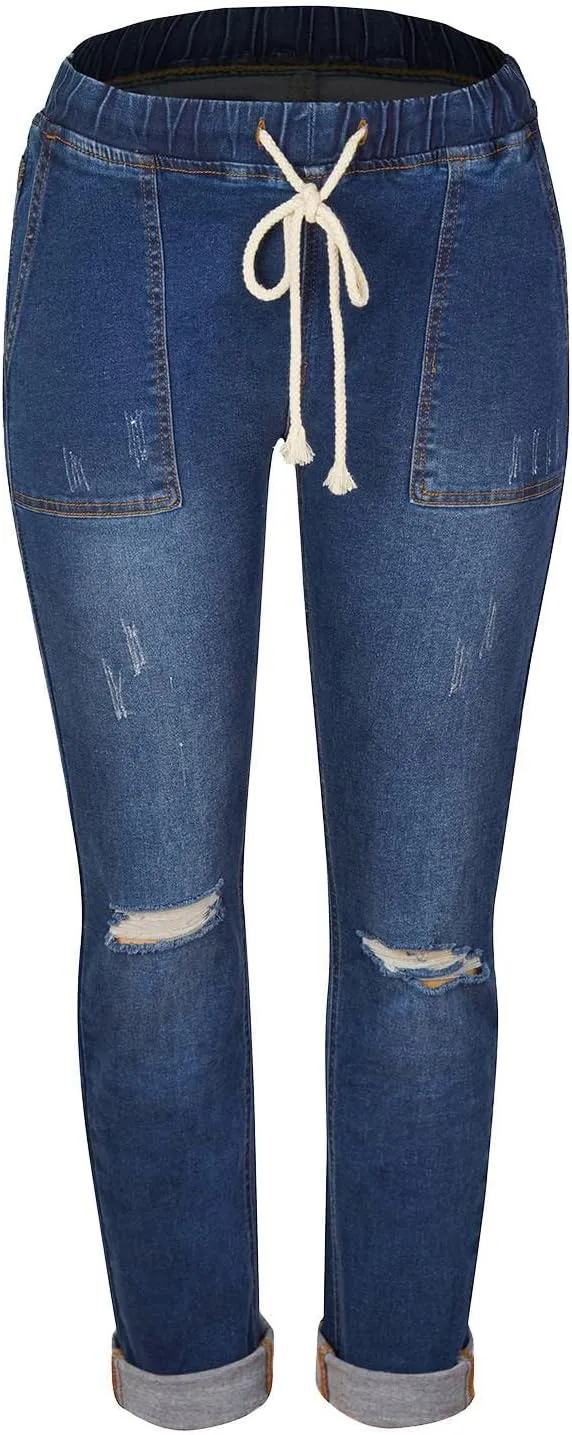 Women's Ripped Boyfriend Jeans Distressed Straight High-Rise Elastic Street Style Pants Loose Long Skinny Casual Strecthy