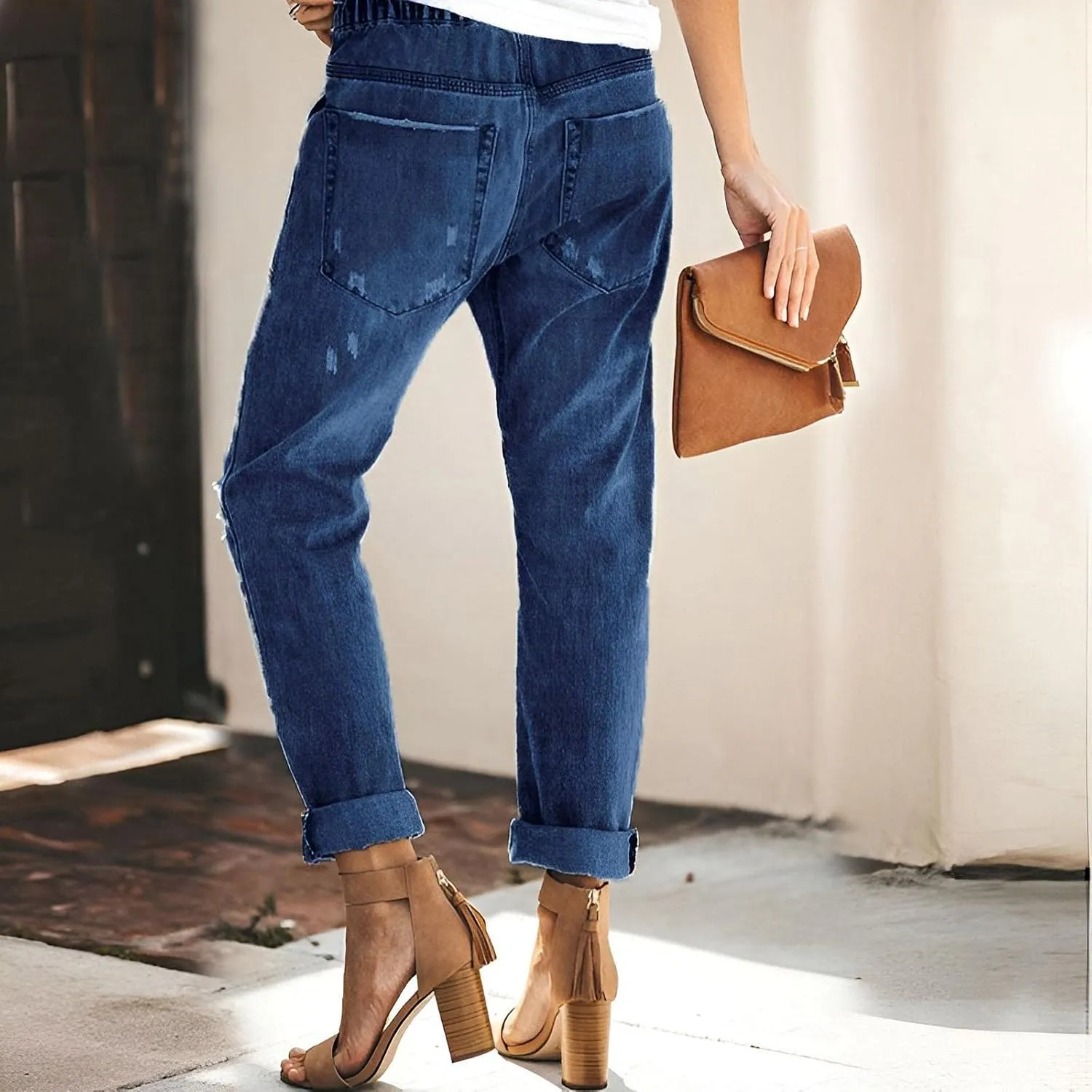 Women's Ripped Boyfriend Jeans Distressed Straight High-Rise Elastic Street Style Pants Loose Long Skinny Casual Strecthy