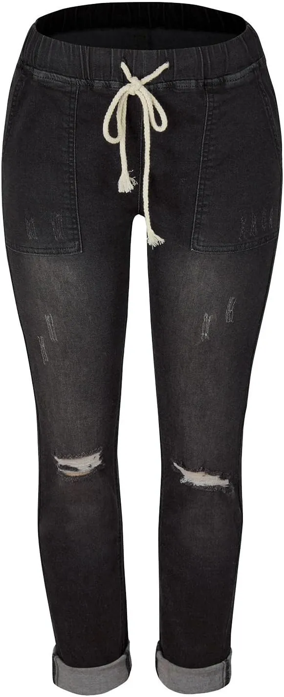 Women's Ripped Boyfriend Jeans Distressed Straight High-Rise Elastic Street Style Pants Loose Long Skinny Casual Strecthy