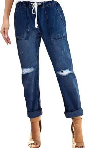 Women's Ripped Boyfriend Jeans Distressed Straight High-Rise Elastic Street Style Pants Loose Long Skinny Casual Strecthy