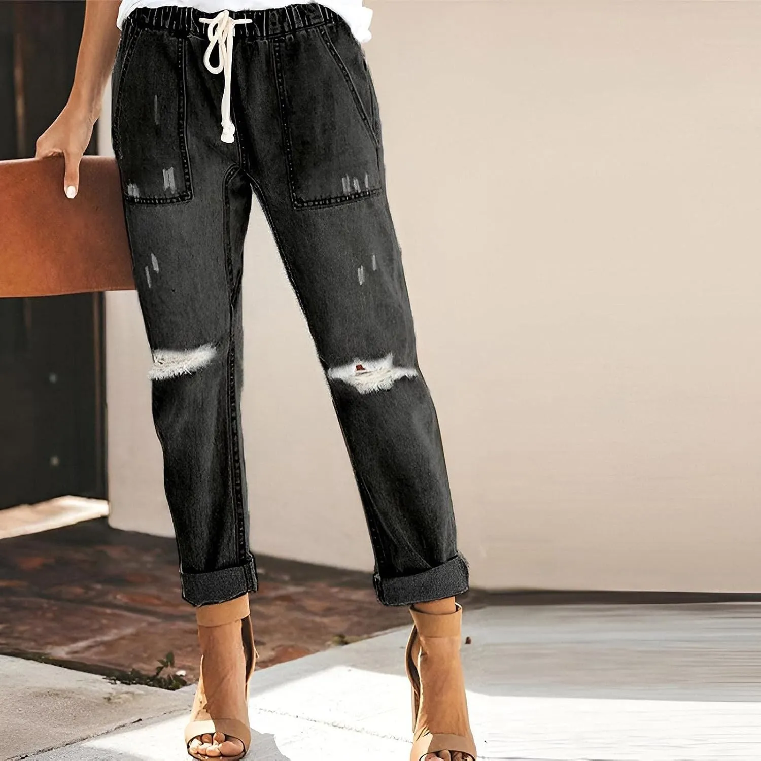 Women's Ripped Boyfriend Jeans Distressed Straight High-Rise Elastic Street Style Pants Loose Long Skinny Casual Strecthy