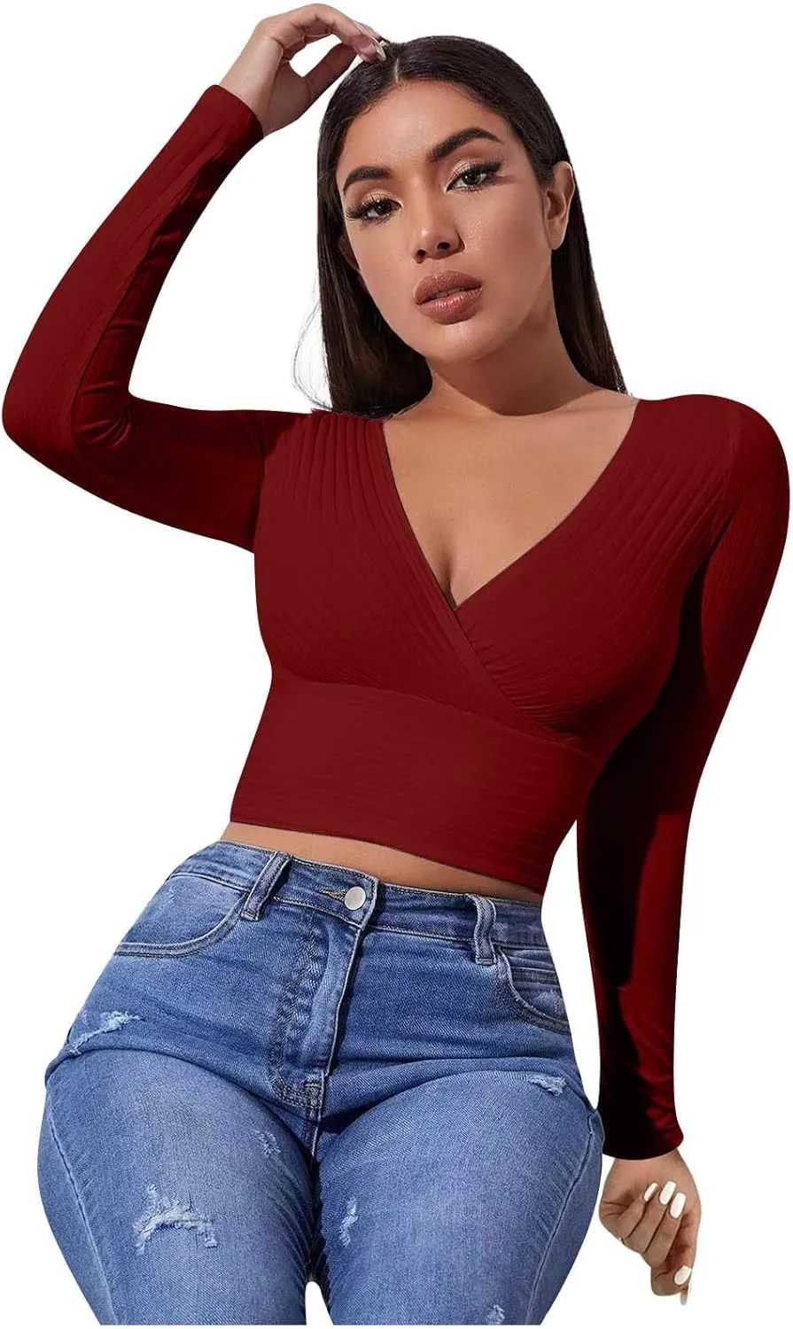 Women's Sexy Crop Tops Yoga Workout V Neck Tops Long Sleeve Slim Fit Stretchy Gym Fitness Tees Cozy Knitted Jersey Shirts
