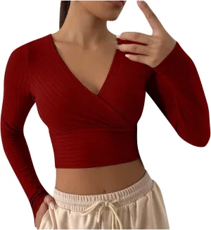 Women's Sexy Crop Tops Yoga Workout V Neck Tops Long Sleeve Slim Fit Stretchy Gym Fitness Tees Cozy Knitted Jersey Shirts