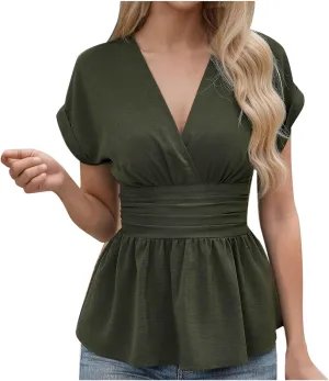 Women's Summer Slim Fit Peplum Tops Elegant Ruffle Trim Wrap Short Sleeve Casual V Neck Smocked Blouses Dressy Shirt