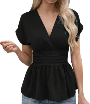 Women's Summer Slim Fit Peplum Tops Elegant Ruffle Trim Wrap Short Sleeve Casual V Neck Smocked Blouses Dressy Shirt