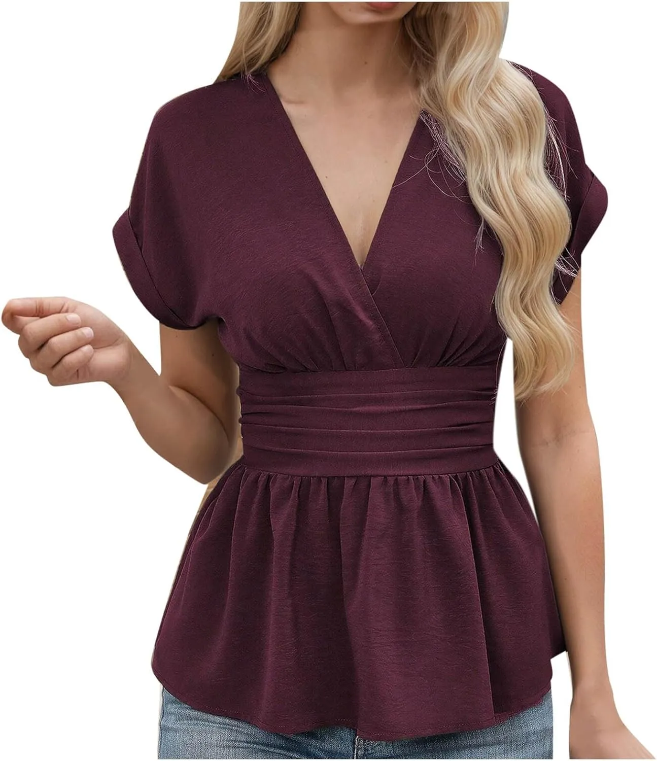Women's Summer Slim Fit Peplum Tops Elegant Ruffle Trim Wrap Short Sleeve Casual V Neck Smocked Blouses Dressy Shirt