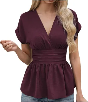 Women's Summer Slim Fit Peplum Tops Elegant Ruffle Trim Wrap Short Sleeve Casual V Neck Smocked Blouses Dressy Shirt
