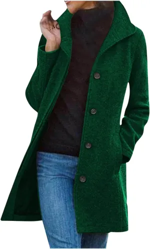 Women's Thicken Single Breasted Pea Coat Stand Collar Mid Long Wool Coats with Pockets Casual Trench Coat Overcoat
