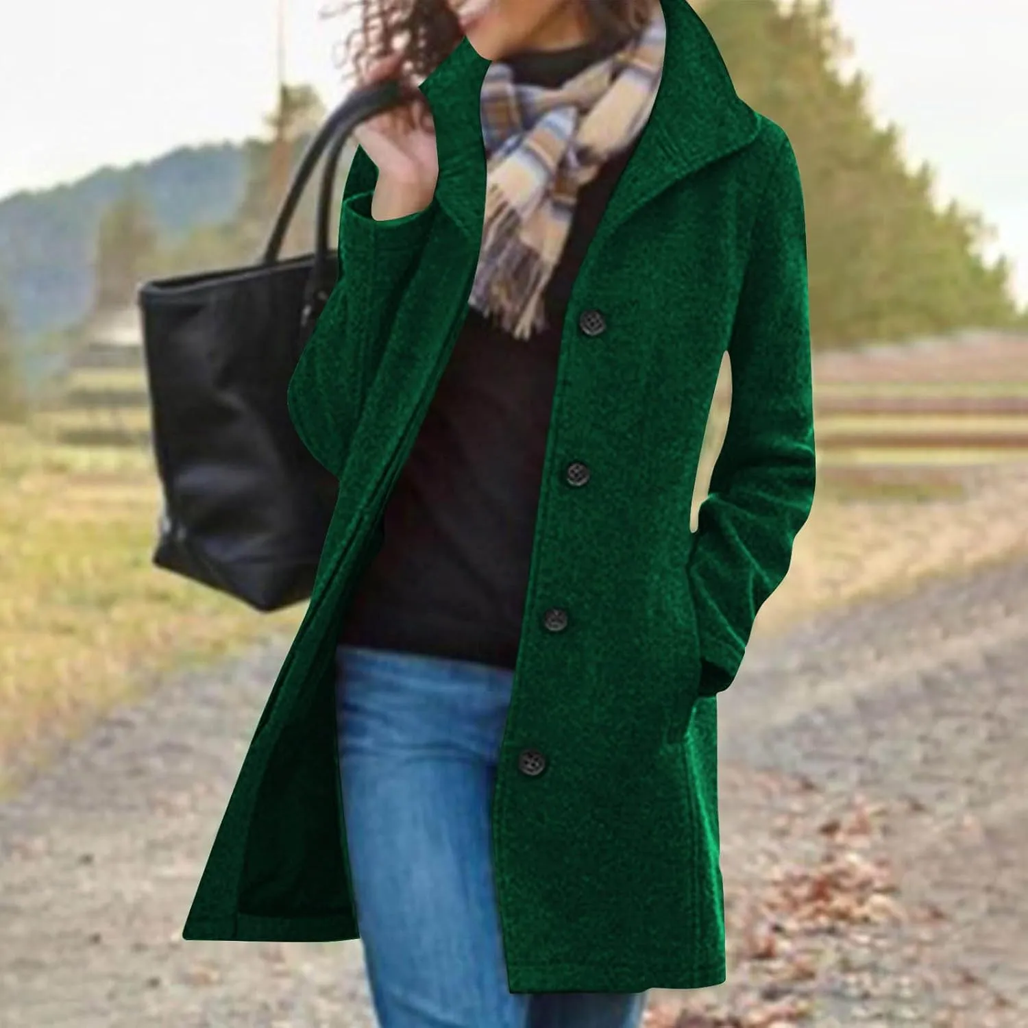 Women's Thicken Single Breasted Pea Coat Stand Collar Mid Long Wool Coats with Pockets Casual Trench Coat Overcoat