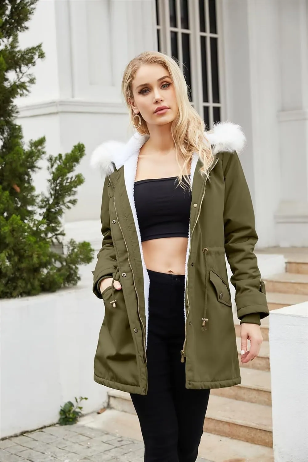Womens Trendy Winter Jackets Parka Coats Casual Fuzzy Fleece Jackets Long Sleeve Hooded Coat Plus Size Down Jackets