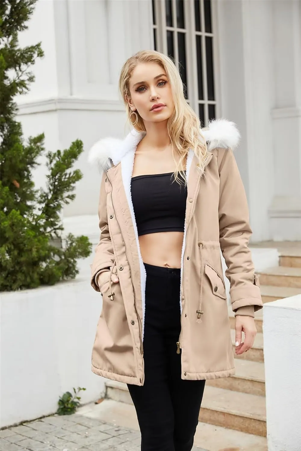 Womens Trendy Winter Jackets Parka Coats Casual Fuzzy Fleece Jackets Long Sleeve Hooded Coat Plus Size Down Jackets