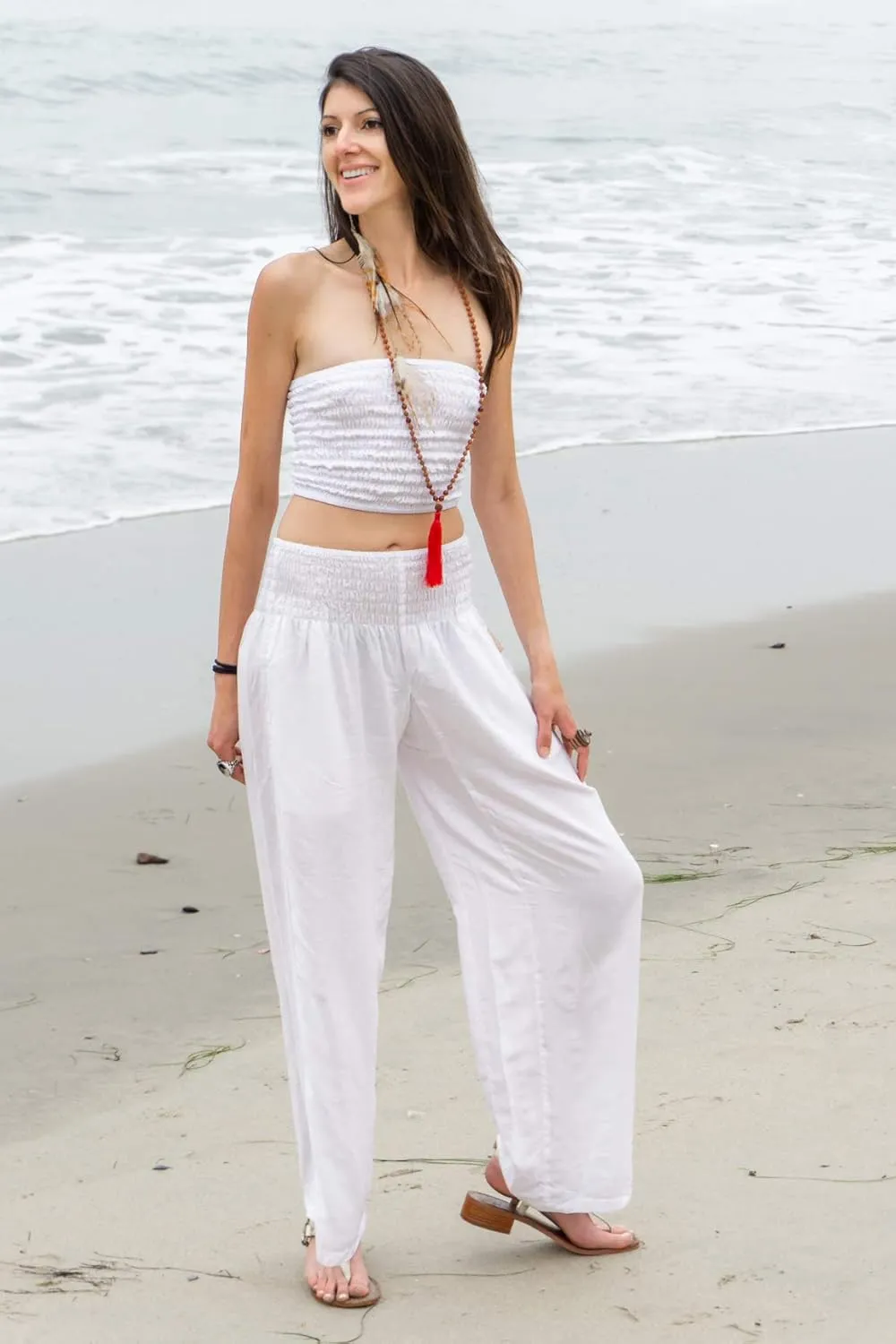 Womens Wide Leg Palazzo Pants, Loose Flare, Smocked High Waist w Pockets