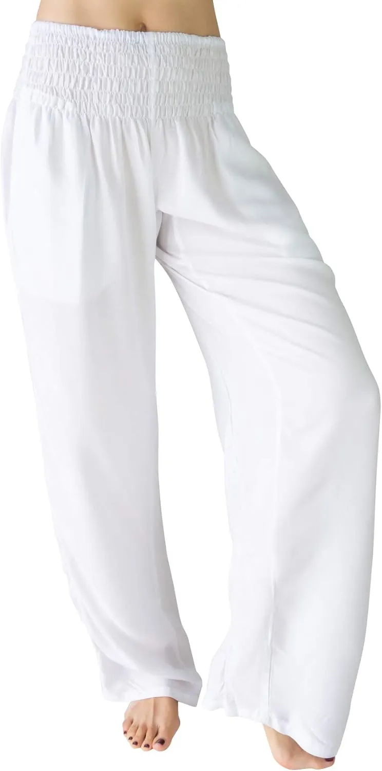 Womens Wide Leg Palazzo Pants, Loose Flare, Smocked High Waist w Pockets