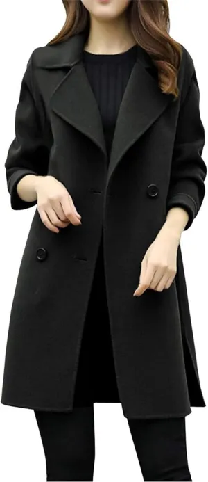 Women's Work Wool Blend Coat with Pockets Mid-Long Winter Overcoat, Side Split Thick Wool Pea Coats Business Jackets