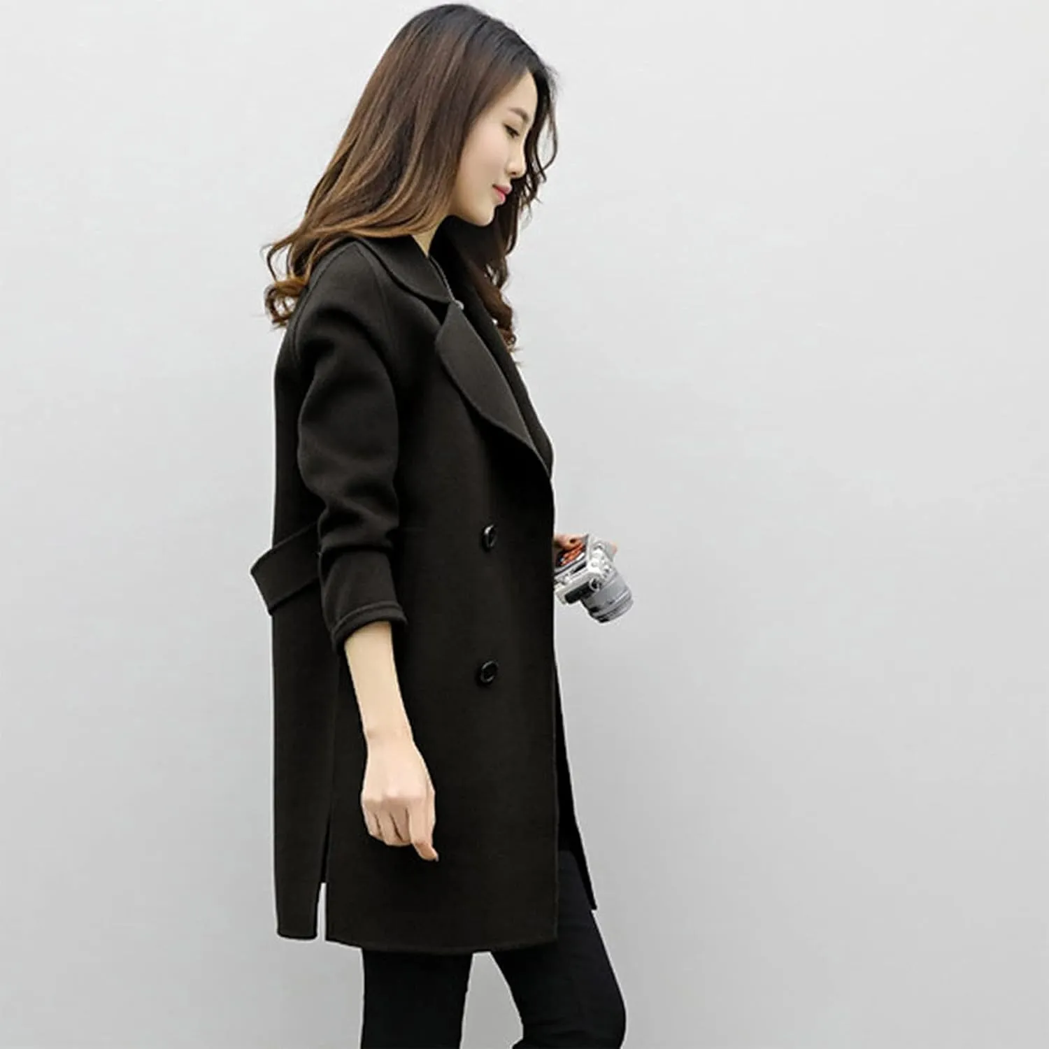 Women's Work Wool Blend Coat with Pockets Mid-Long Winter Overcoat, Side Split Thick Wool Pea Coats Business Jackets