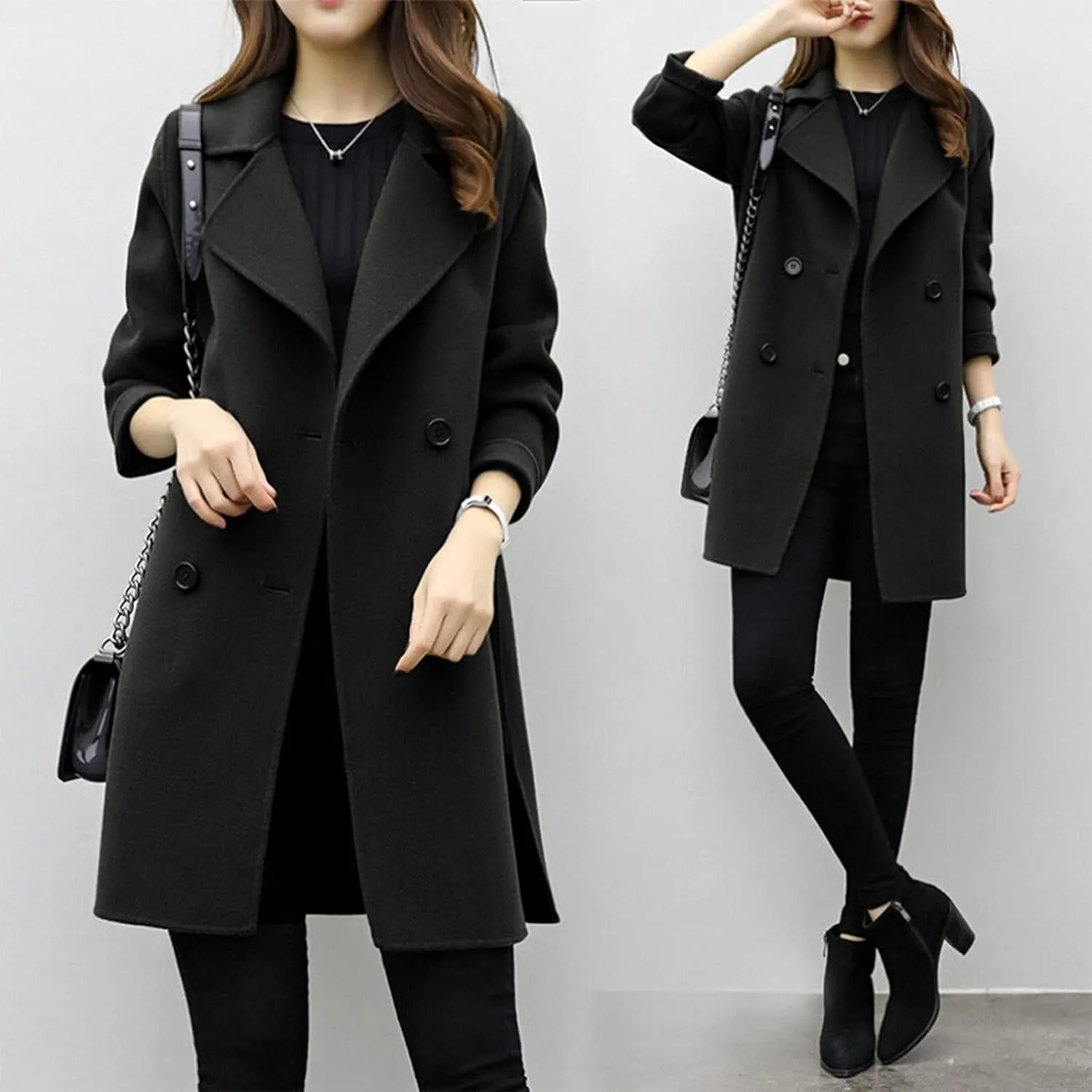 Women's Work Wool Blend Coat with Pockets Mid-Long Winter Overcoat, Side Split Thick Wool Pea Coats Business Jackets