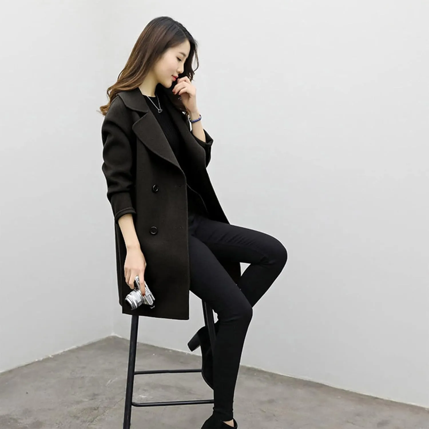 Women's Work Wool Blend Coat with Pockets Mid-Long Winter Overcoat, Side Split Thick Wool Pea Coats Business Jackets