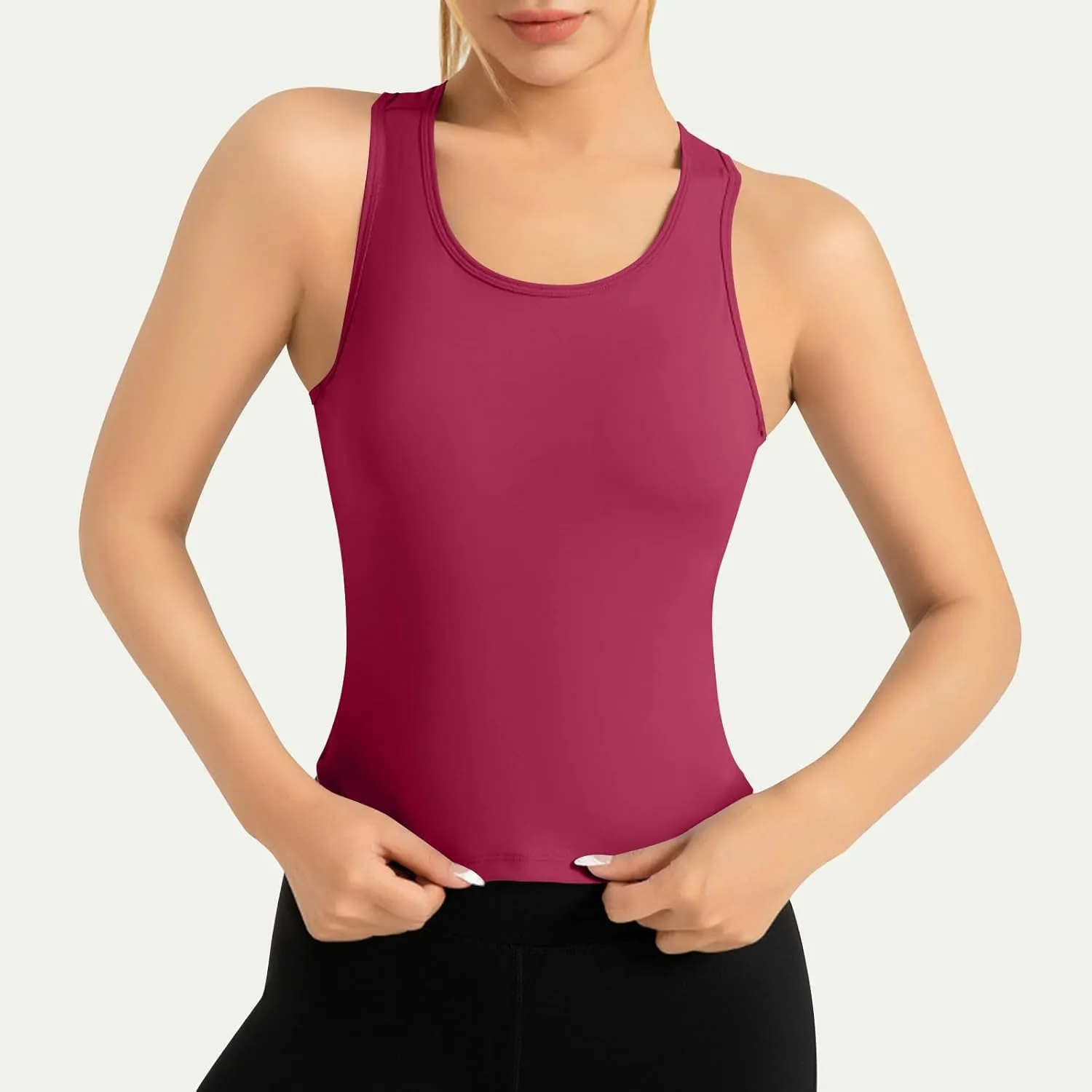 Womens Workout Sleeveless Tops Round Neck Seamless Athletic Tank Tops Summer Quick Dry Stretch Running Gym Yoga Shirts