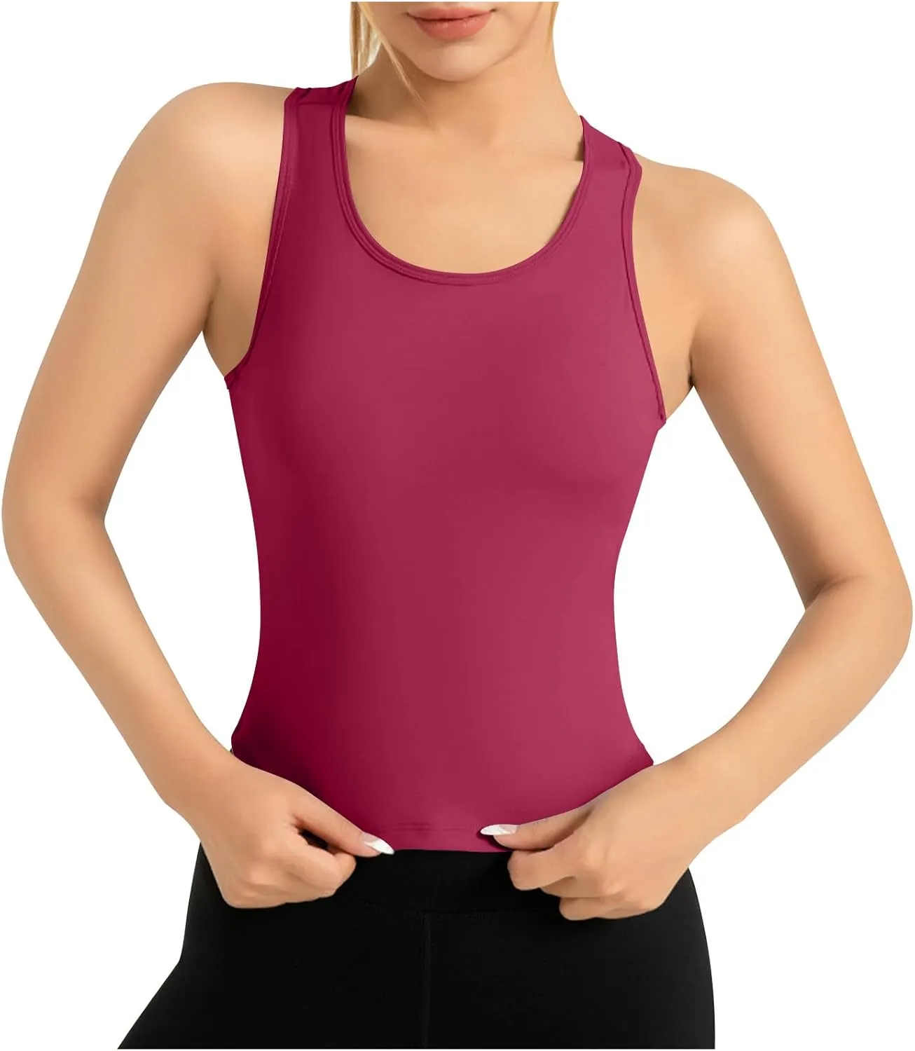Womens Workout Sleeveless Tops Round Neck Seamless Athletic Tank Tops Summer Quick Dry Stretch Running Gym Yoga Shirts