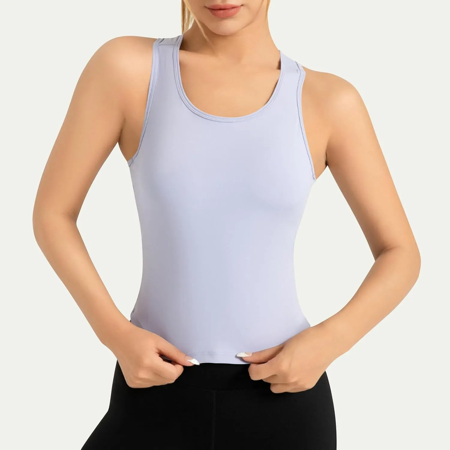Womens Workout Sleeveless Tops Round Neck Seamless Athletic Tank Tops Summer Quick Dry Stretch Running Gym Yoga Shirts