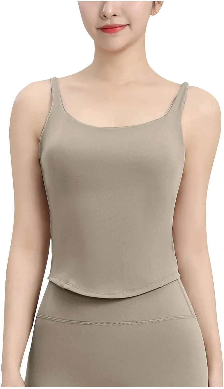 Womens Yoga Sleeveless Padded Tank Tops Round Neck Seamless Athletic Crop Top Summer Quick Dry Stretch Running Shirts