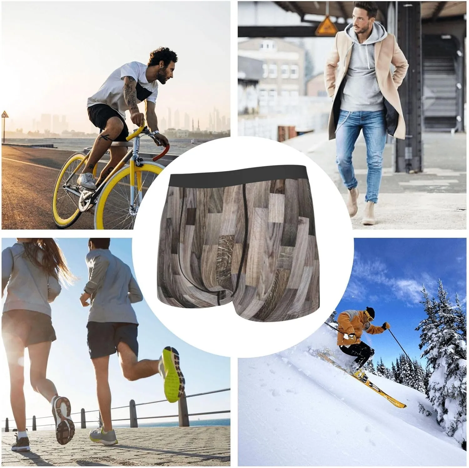 Wooden Texture Print Boxer Briefs For Men Breathable Underwear-